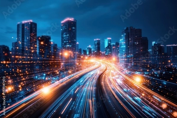 Fototapeta Illuminated smart city with fast moving light trails and advanced data connectivity