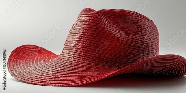 Fototapeta Stylish red cowboy hat resting on a neutral background highlighting its unique texture and vibrant color