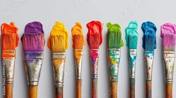 Fototapeta A white background was transformed by bold, vibrant brushstrokes of pride rainbow paint that blended together effortlessly