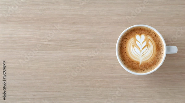 Fototapeta Overhead View of a Latte with Leaf Art on a Wooden Table