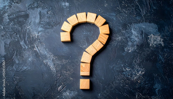 Fototapeta Intriguing question mark formed by wooden blocks on textured background