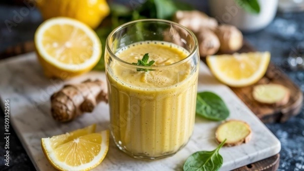 Obraz Creamy lemon-ginger morning smoothie served in a glass glass. In the background are slices of fresh lemon, grated ginger and spinach leaves.