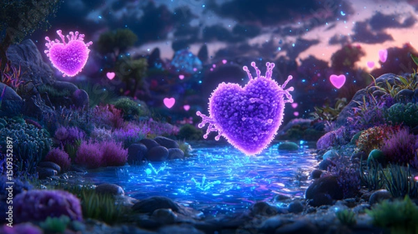 Fototapeta Purple Glowing Hearts Floating Above a Sparkling Stream in a Fantasy Landscape