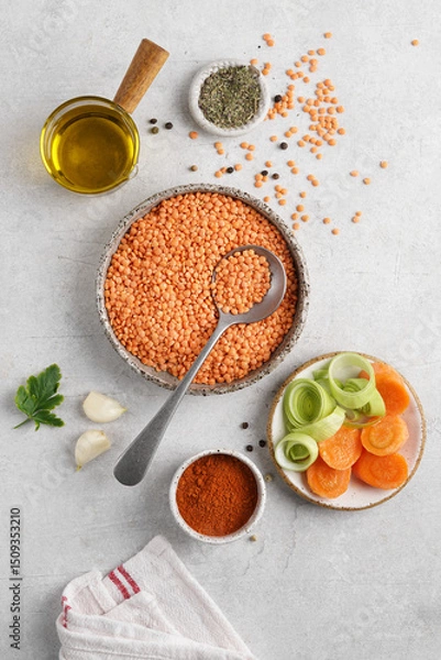 Obraz ingredients for Lentil Soup, Hearty soup made with lentils, carrots, leek , and tomatoes.