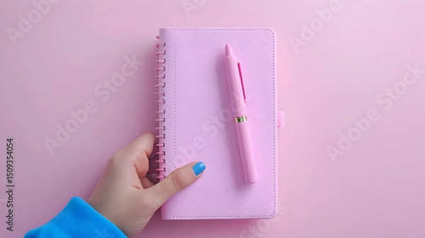 Obraz Woman's Hand Holding Pink Glitter Notebook and Pen on Pink Background