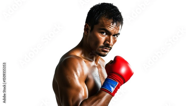 Obraz Dark-skinned Asian boxer with black hair wearing red boxing gloves is guarding with a confident stance on an isolated transparent background.