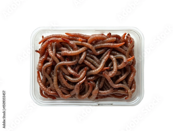 Obraz Countless fishing worms inside a clear plastic box on a isolated transparent background.
