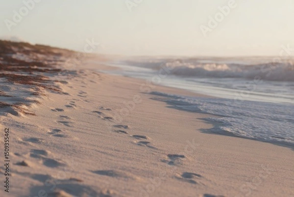 Fototapeta Golden hour at the beach with gentle waves and soft sand illuminated by warm sunlight, highlighting footprints along the shore