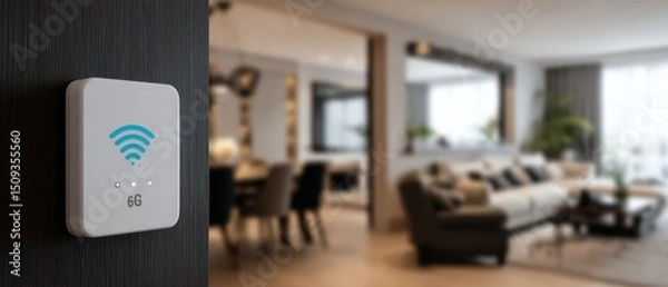 Obraz Modern 6G WiFi Router on Wall in Contemporary Home Interior, showcasing fast wireless internet connectivity and smart home technology for seamless digital lifestyle