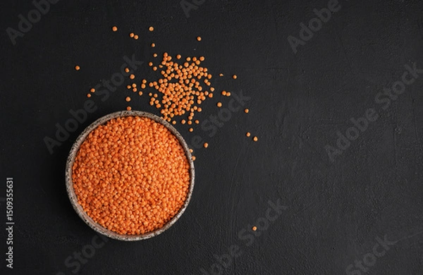 Obraz Red lentils in ceramic bowl. Dry orange lentil grains, heap of dal, raw daal, dhal, masoor, Lens culinaris or Lens esculenta on dark background
