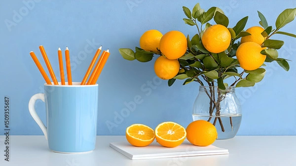 Fototapeta Still Life with Oranges Pencils and Mug on White Desk
