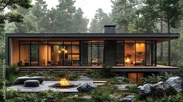 Fototapeta Luxury modern house evening forest view high resolution picture
