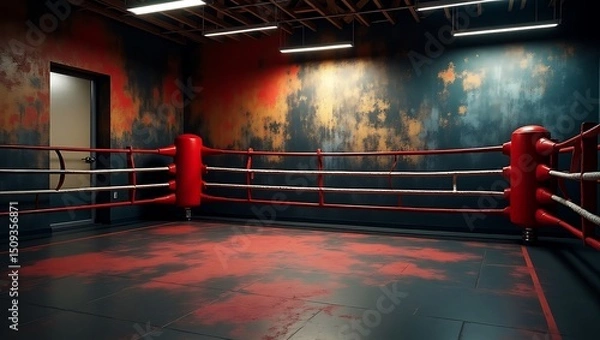 Fototapeta Eerie and desolate boxing ring with a textured wall, perfect for sports themes