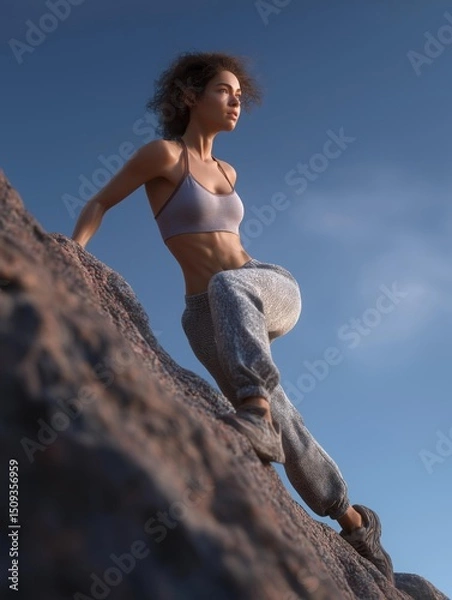 Fototapeta Young woman standing on top of a large rock. she is wearing a gray sports bra and grey sweatpants.