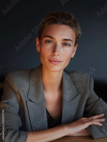 Fototapeta Portrait of a young woman sitting at a table with her arms crossed. she is wearing a grey blazer and a black top.