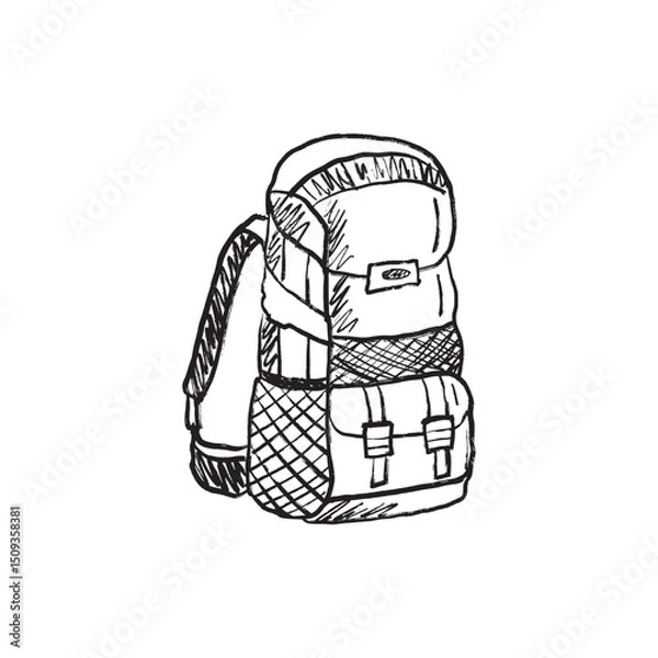 Fototapeta Tourist mountain vacation backpack with stripes in black brush stroke texture isolated on white. Hand drawn vector sketch illustration in vintage charcoal ink. Tourist hiking equipment