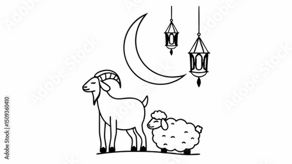 Fototapeta Eid al-Adha AI-Generated Illustration of Goat and Sheep under Crescent Moon