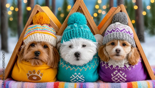 Obraz Cozy dogs in winter sweaters outdoors. Three adorable dogs wearing colorful sweaters and hats sit together in a snowy outdoor setting surrounded by trees.