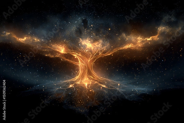 Fototapeta A radiant, glowing tree of energy extends roots and branches into the cosmos, symbolizing universal connection and cosmic life.