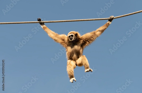 Obraz Gibbon Hanging from Rope Against Clear Sky