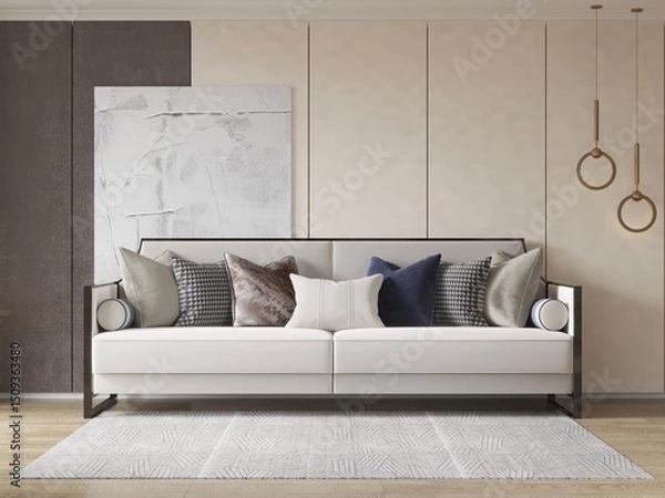Fototapeta Mock up of a bright spacious living room with a cool stylish sofa and trendy decorative background, 3D rendering.