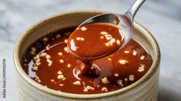 Obraz Homemade teriyaki sauce in a ceramic bowl. The sauce turns out to be thick and it shows grains of crushed garlic and grated ginger floating in a thick glaze with the addition of umami.