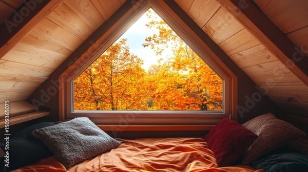 Fototapeta Autumnal view from a cozy attic bedroom.