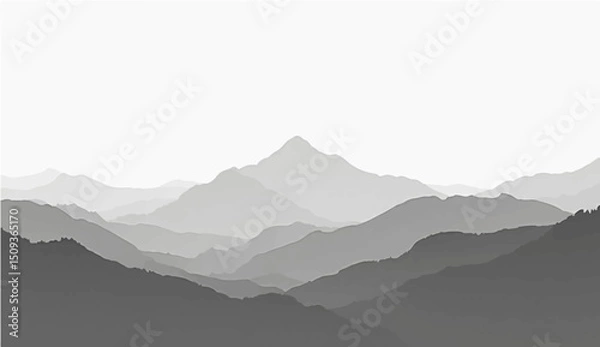 Fototapeta  a minimalist vector illustration of layered mountain ranges in grayscale. The design should feature soft gradients and overlapping silhouettes to convey depth, with the closest mountains 