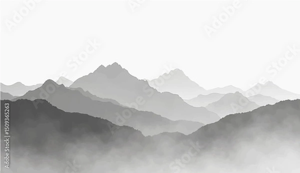 Fototapeta  a minimalist vector illustration of layered mountain ranges in grayscale. The design should feature soft gradients and overlapping silhouettes to convey depth, with the closest mountains 