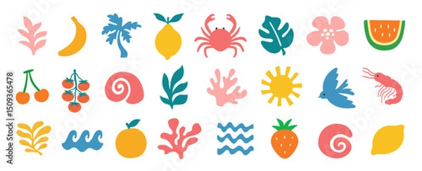 Obraz Minimal simple wavy naive groovy doodle icon summer tropical set