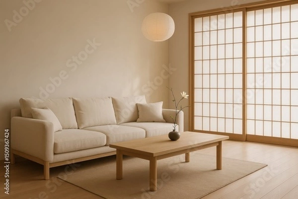 Fototapeta Serene Japandi style living room with a low profile linen sofa, handcrafted light wood coffee table, shoji screen room divider, and a single ikebana flower arrangement, generative AI