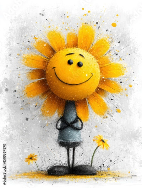 Fototapeta A cartoon sunflower character with a goofy grin, crossed eyes, and scribbled petals in yellow hues, dressed in blue, stands on roots against a white background The style is whimsical a - AI-Generated