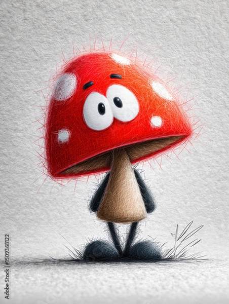 Fototapeta Cartoon mushroom character with a red cap, white spots, goofy face, stubby legs, and a sense of movement or posture Anthropomorphized with human-like features, expressive eyes, and a s - AI-Generated