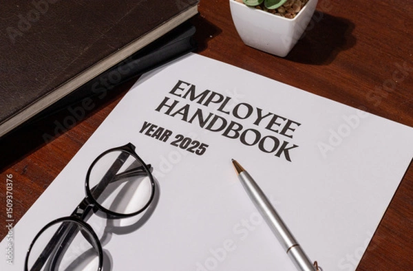 Fototapeta Workplace Policy Handbook Displayed with Pen and Glasses – Employment Law and HR Reference