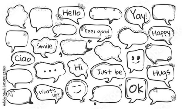 Fototapeta Set of hand drawn speech bubbles with decorative elements and positive messages. Doodle style comic chat balloons in black outline for stickers, notebooks, posters, or social media design.