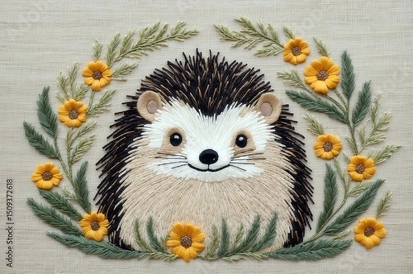 Obraz Whimsical hedgehog embroidery surrounded by vibrant flowers and greenery on a beige fabric background