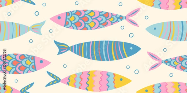 Obraz Colorful decorative fish and bubbles seamless pattern on light background for kids ocean theme or textile print vector illustration