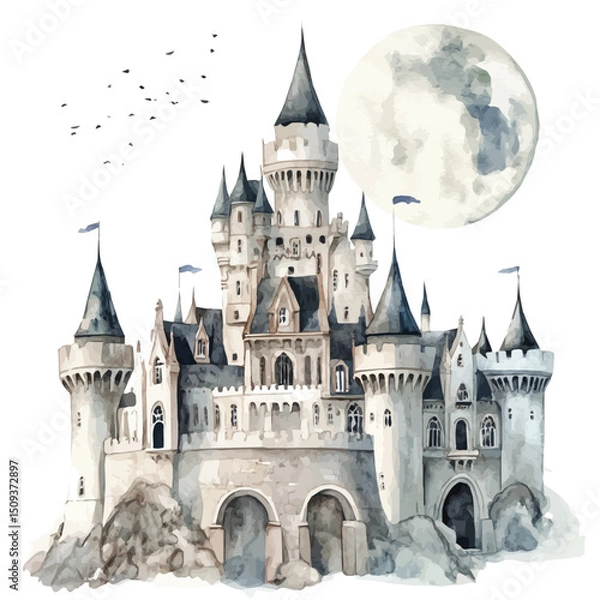 Fototapeta watercolor of Moonlit Castle, vector high quality, isolated on a white background.