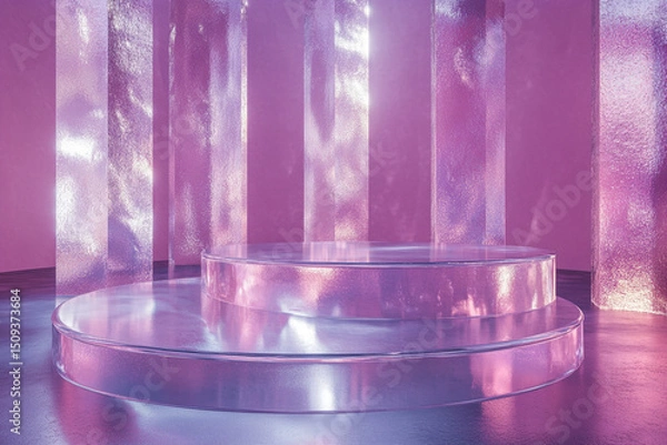 Fototapeta Glass-like podium with metallic reflections and soft glow