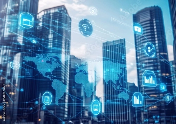 Fototapeta A digital map of the world with global network connections and financial icons, business buildings in the background, a blue color theme, and white accents Generative AI