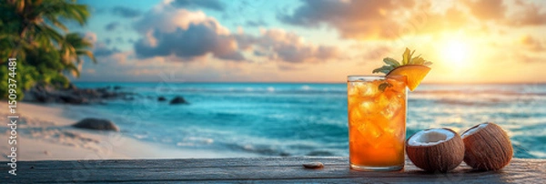 Obraz Coconut cocktail with ice cubes on the beach at sunset.
