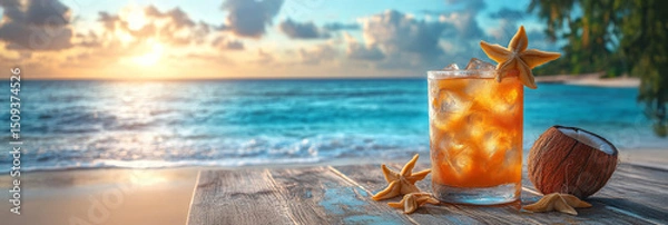 Obraz Coconut cocktail with ice cubes on the beach at sunset.
