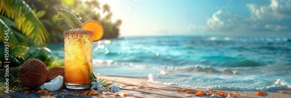Obraz Coconut cocktail with ice cubes on the beach at sunset.
