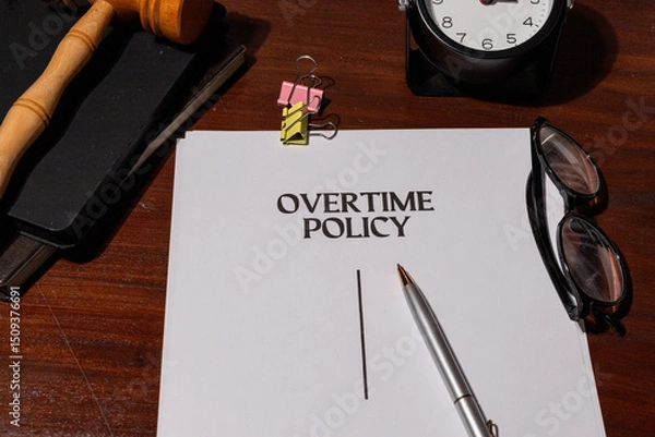 Fototapeta Overtime Policy Document on Table – Representation of Labor Regulations and Employment Standards