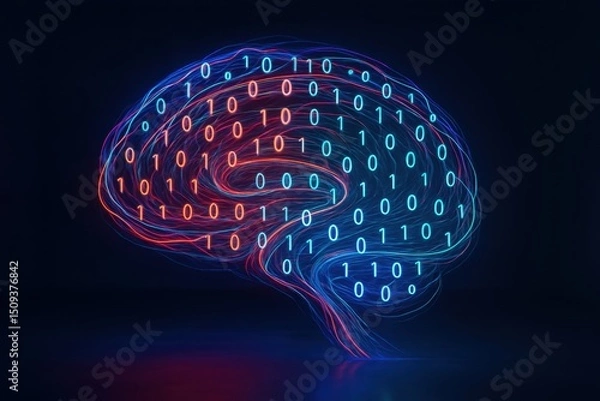 Fototapeta Futuristic digital brain made of binary code and glowing neural lines on dark background