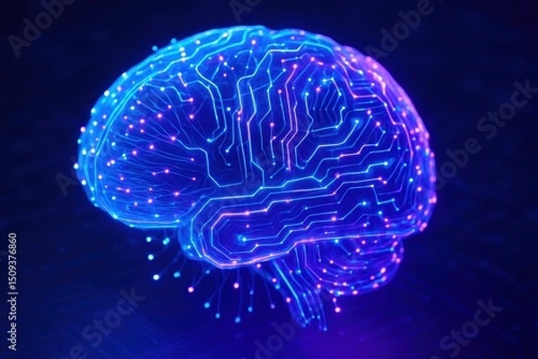 Fototapeta Glowing neon brain with circuit patterns representing artificial intelligence and neural networks