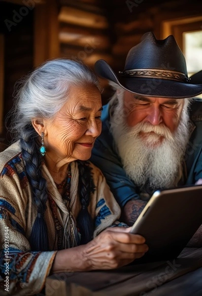 Fototapeta Smiling senior couple using a digital tablet together in a rustic wooden cabin, combining tradition and technology