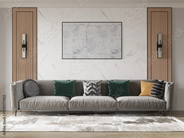 Fototapeta Mock up of a fashionable comfortable living room with a large stylish sofa and an interesting decorative background, 3D rendering.