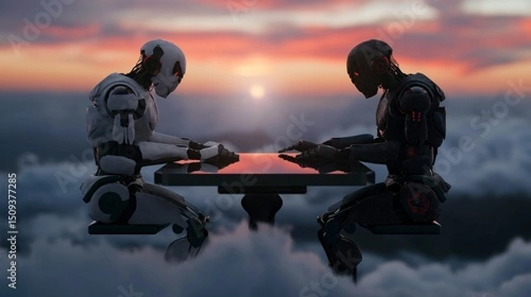Fototapeta Robots playing chess at sunset above the clouds. AI competition.