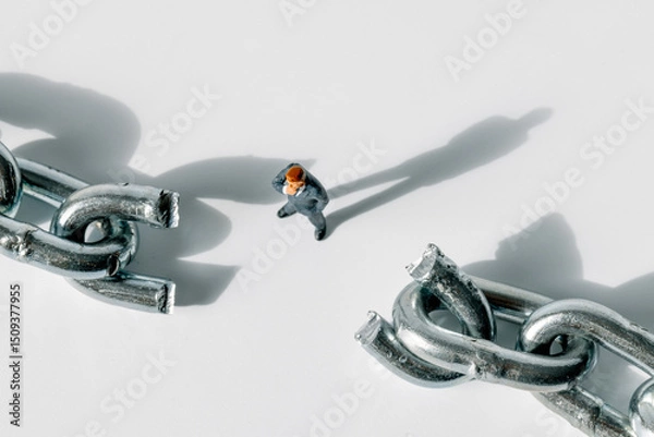 Fototapeta A miniature businessman figurine stands between the broken links of a metal chain. The scene suggests a concept related to business, security, or obstacles.